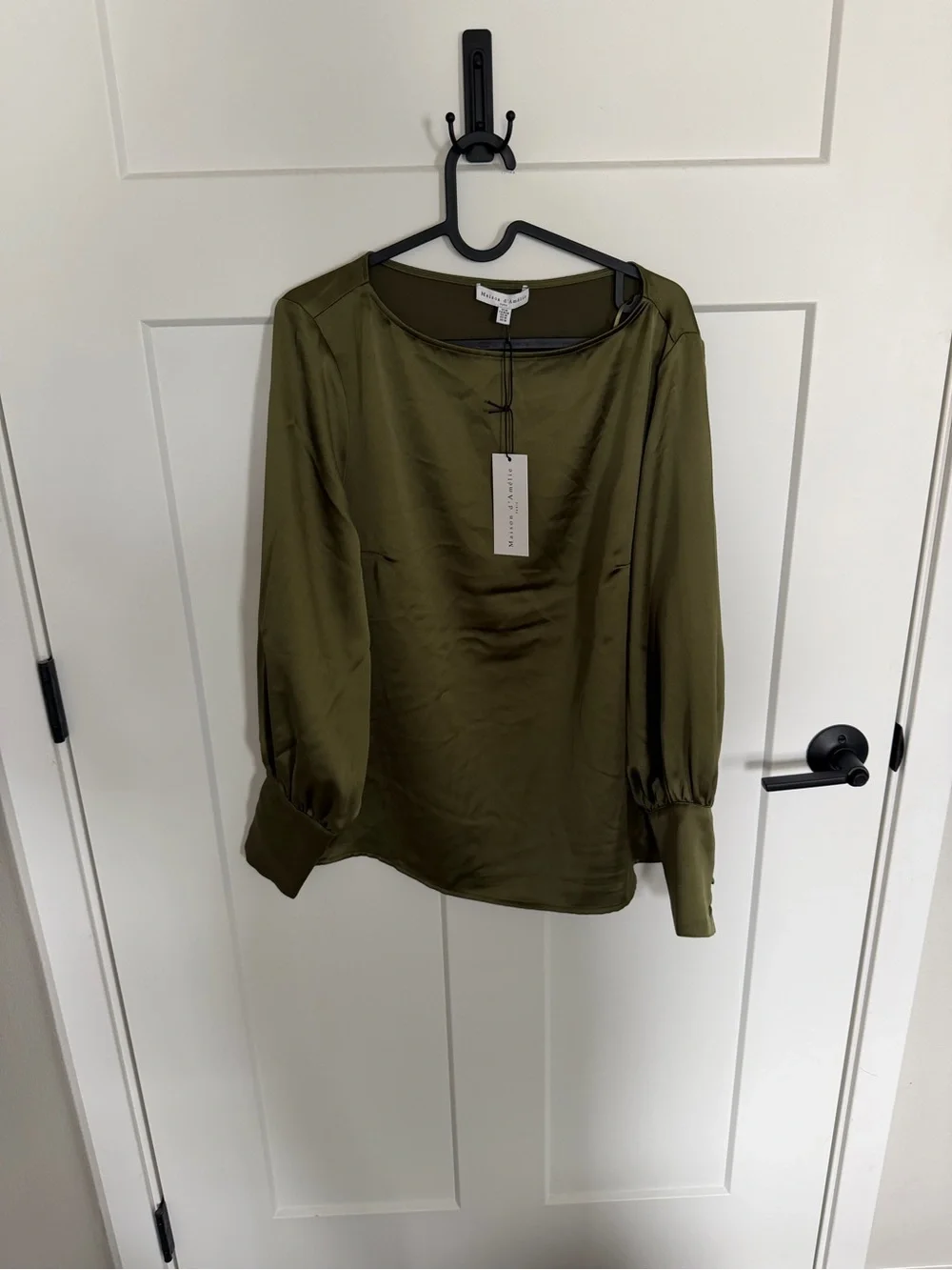 Vince Olive Satin Long-Sleeve Blouse with Button Cuffs - Picture 1 of 1